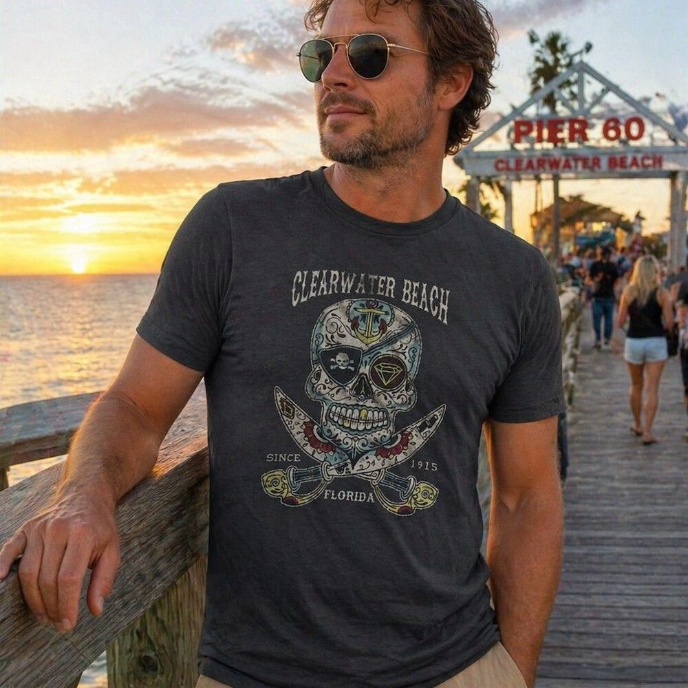 Clearwater Beach FL Pirate Skull Graphic Duck Co T-Shirt Unisex 2XL Gray